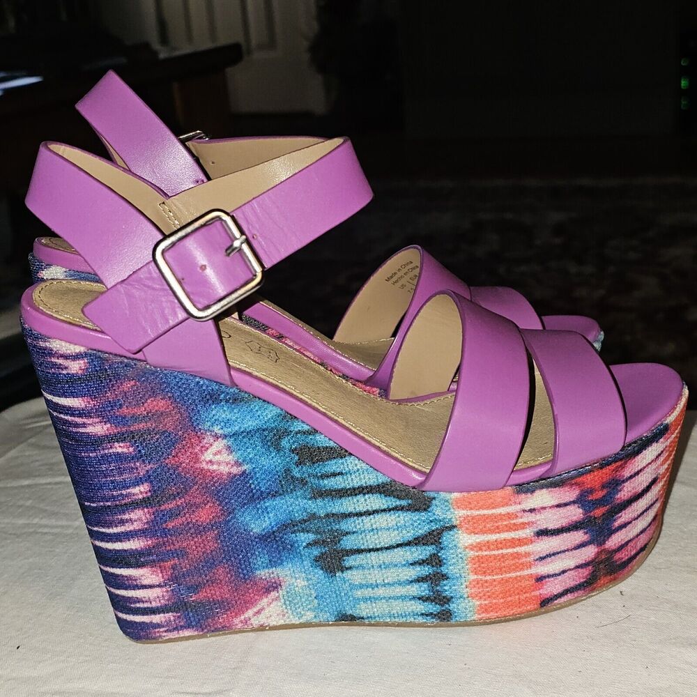 ALDO MOREMAN Womens Platform 5" Wedge Sandal Hippie Purple Pink Tye Dyed Sz 7 - Picture 2 of 11